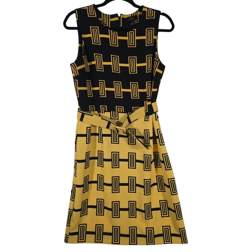 ILE New York Womens 8 Black Yellow Geometric Sheath Dress Belted Sleeveless Mod